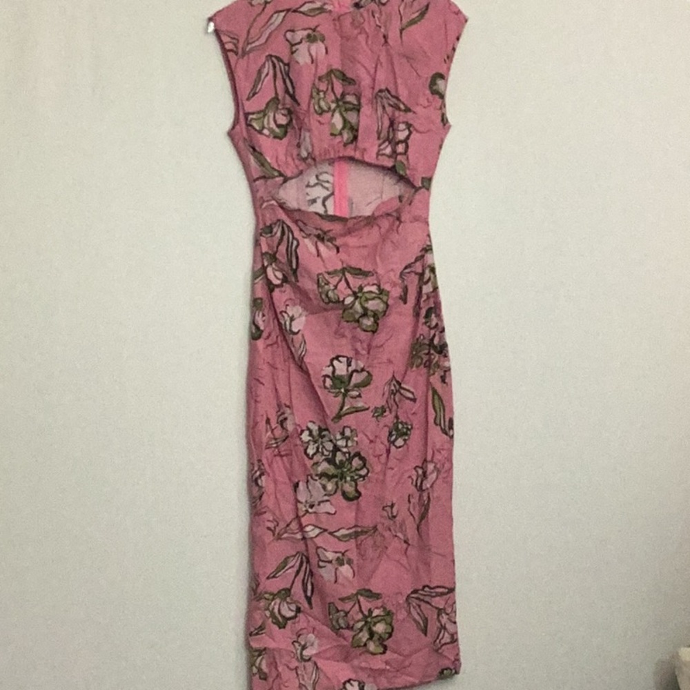 NWT Zara Linen Blend MIDI Dress with Cut Out Pink Size Small - Picture 2 of 9